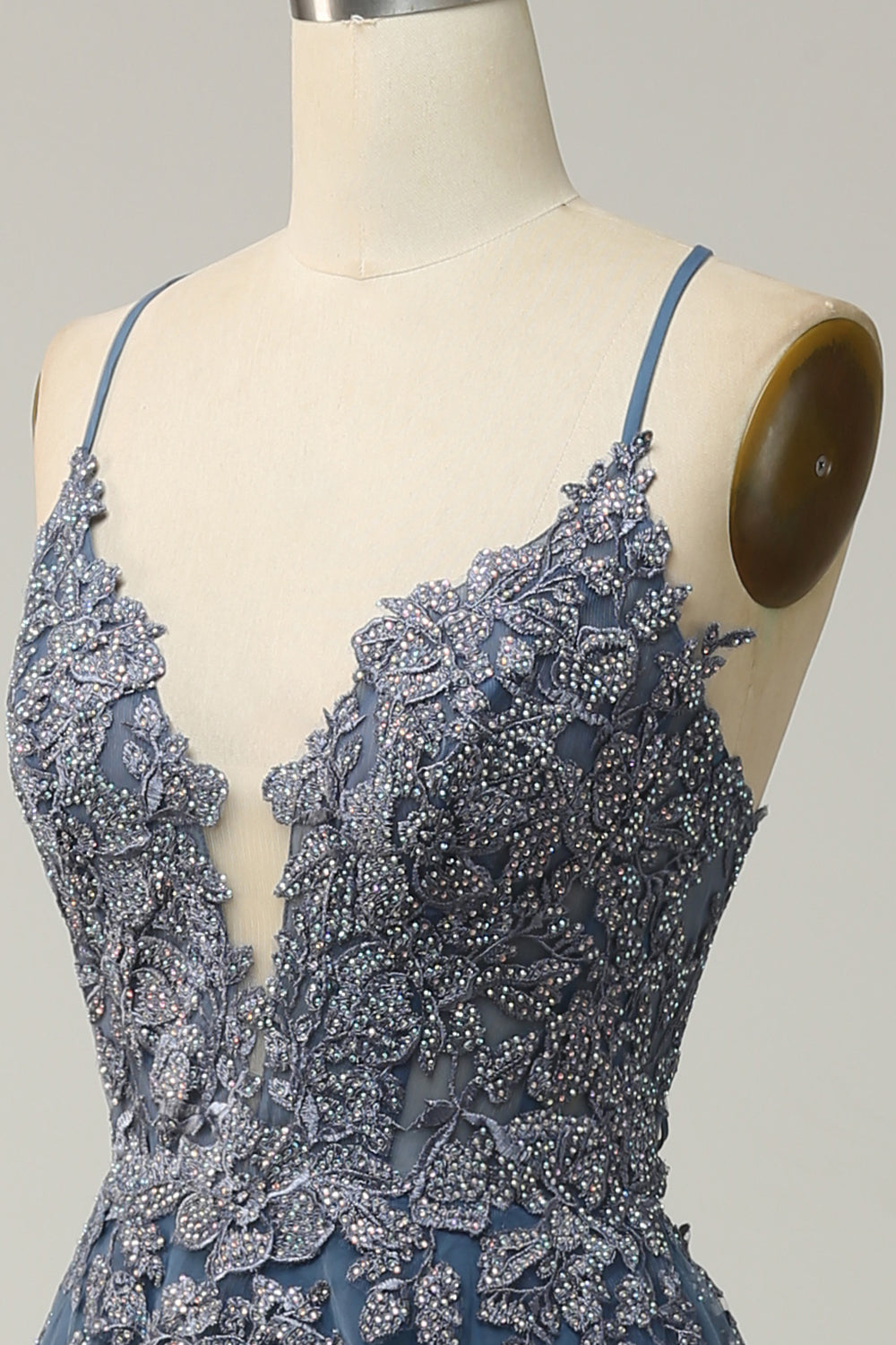 Abito da Cerimonia lungo blu grigio con spalline sottili con incrocio sul retro