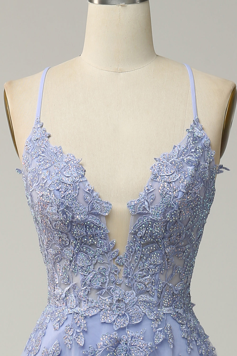 Abito da Cerimonia viola chiaro con spalline sottili e schiena incrociata