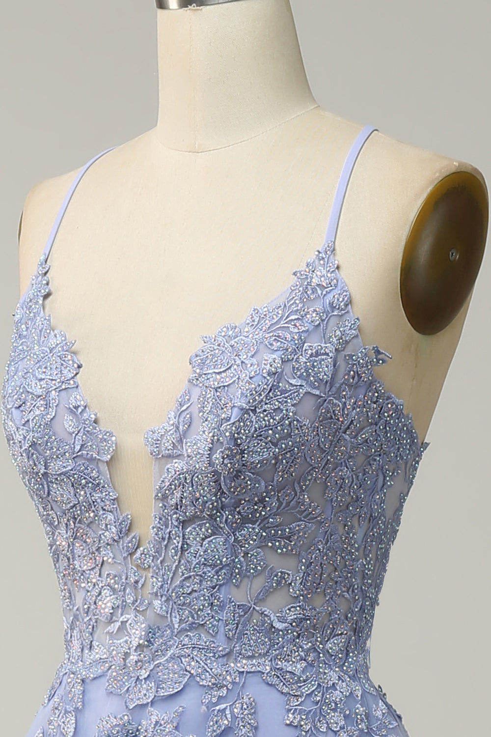 Abito da Cerimonia viola chiaro con spalline sottili e schiena incrociata