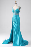 Turchese Sirena Scollo a V Sweep Train Corsetto plissettato Perline vestito da ballo
