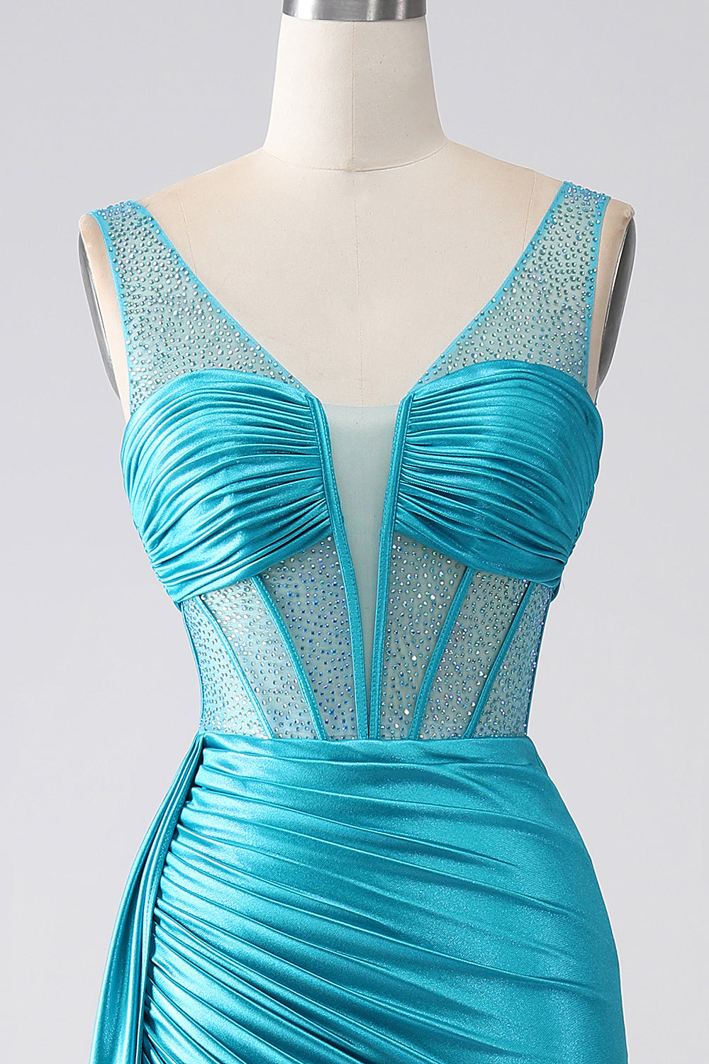 Turchese Sirena Scollo a V Sweep Train Corsetto plissettato Perline vestito da ballo