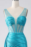 Turchese Sirena Scollo a V Sweep Train Corsetto plissettato Perline vestito da ballo