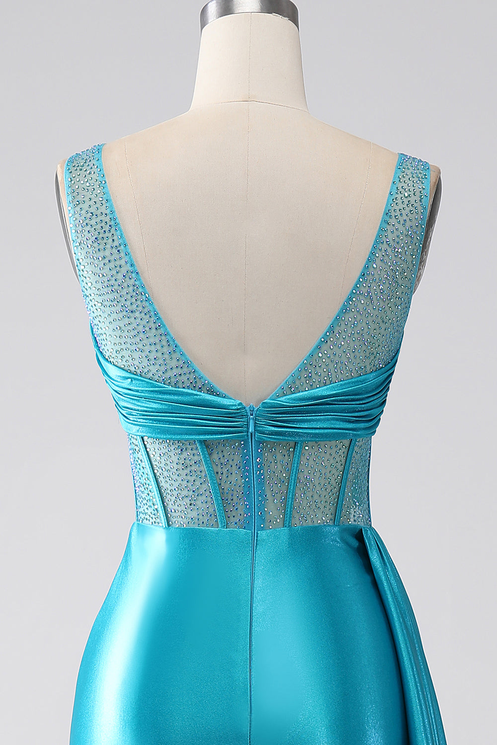 Turchese Sirena Scollo a V Sweep Train Corsetto plissettato Perline vestito da ballo