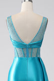 Turchese Sirena Scollo a V Sweep Train Corsetto plissettato Perline vestito da ballo