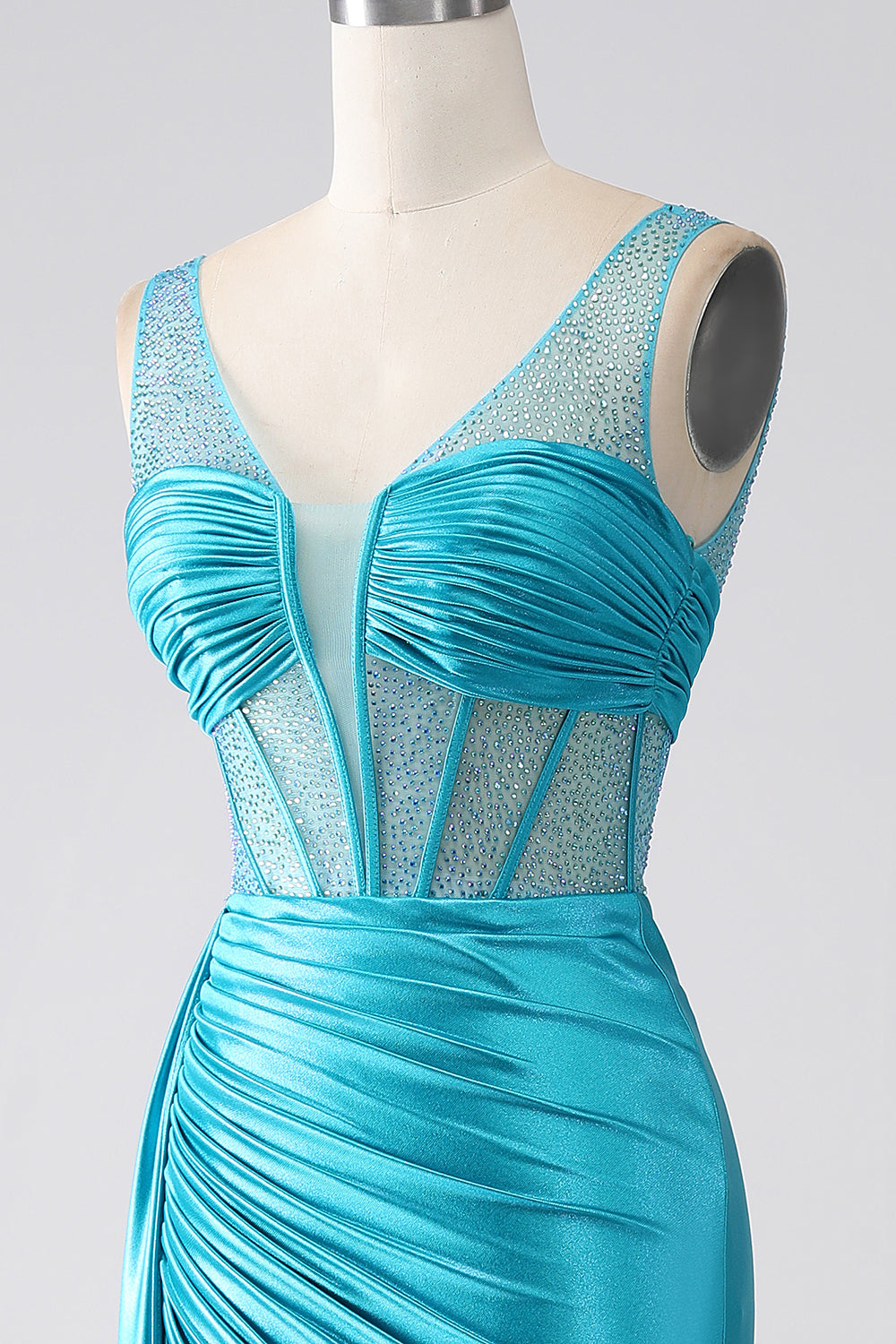 Turchese Sirena Scollo a V Sweep Train Corsetto plissettato Perline vestito da ballo