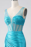 Turchese Sirena Scollo a V Sweep Train Corsetto plissettato Perline vestito da ballo