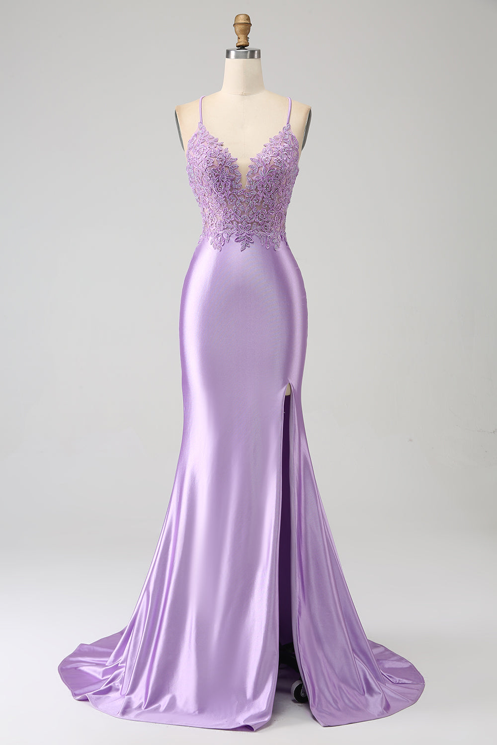 Elegante sirena Spaghetti Straps Lilla Abito da ballo lungo con fessura appliques