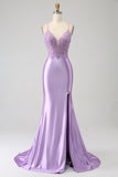 Elegante sirena Spaghetti Straps Lilla Abito da ballo lungo con fessura appliques