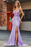 Lilla Sirena Scollo a V Aperto Indietro in rilievo Appliques Prom Dresses con fessura