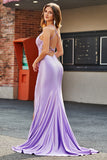 Lilla Sirena Scollo a V Aperto Indietro in rilievo Appliques Prom Dresses con fessura