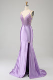 Elegante sirena Spaghetti Straps Lilla Abito da ballo lungo con fessura appliques