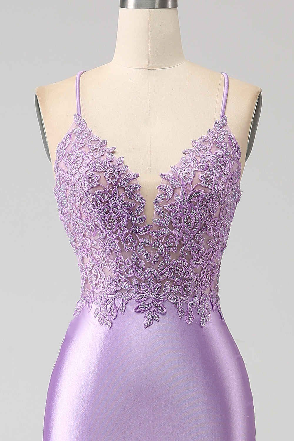 Elegante sirena Spaghetti Straps Lilla Abito da ballo lungo con fessura appliques