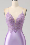 Elegante sirena Spaghetti Straps Lilla Abito da ballo lungo con fessura appliques
