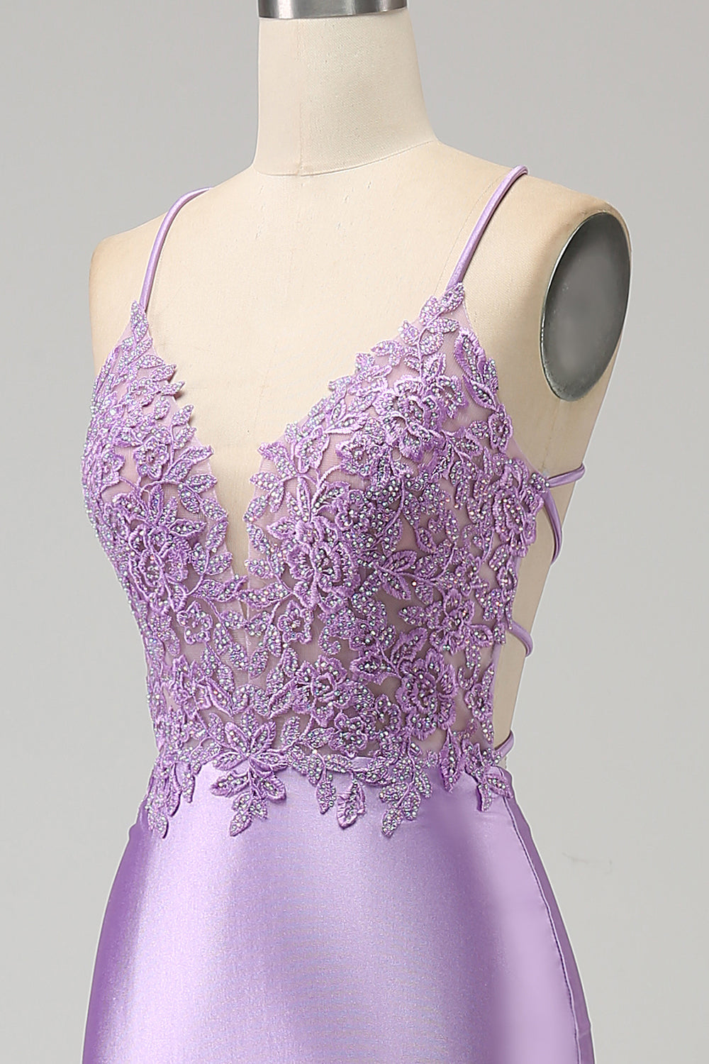 Elegante sirena Spaghetti Straps Lilla Abito da ballo lungo con fessura appliques