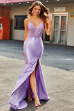 Lilla Sirena Scollo a V Aperto Indietro in rilievo Appliques Prom Dresses con fessura