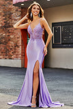 Lilla Sirena Scollo a V Aperto Indietro in rilievo Appliques Prom Dresses con fessura