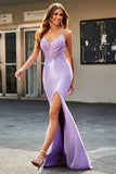 Lilla Sirena Scollo a V Aperto Indietro in rilievo Appliques Prom Dresses con fessura