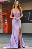 Lilla Sirena Scollo a V Aperto Indietro in rilievo Appliques Prom Dresses con fessura