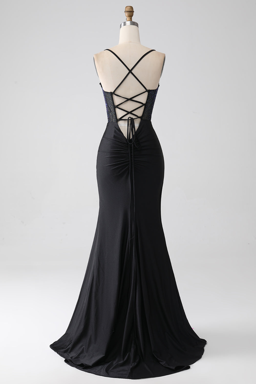 Nero sirena Spalline sottili lungo Corsetto vestito da ballo con perline