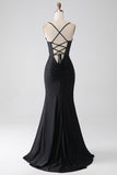 Nero sirena Spalline sottili lungo Corsetto vestito da ballo con perline