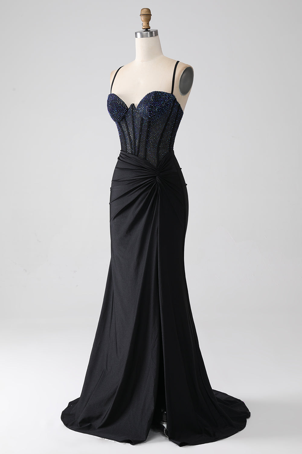 Nero sirena Spalline sottili lungo Corsetto vestito da ballo con perline