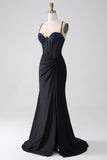 Nero sirena Spalline sottili lungo Corsetto vestito da ballo con perline