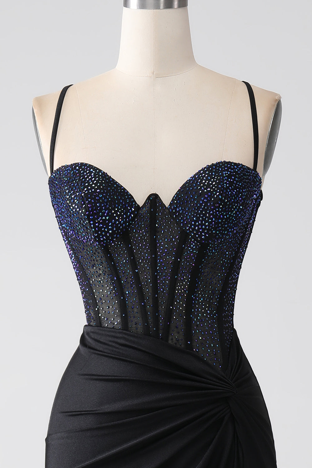 Nero sirena Spalline sottili lungo Corsetto vestito da ballo con perline