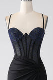 Nero sirena Spalline sottili lungo Corsetto vestito da ballo con perline