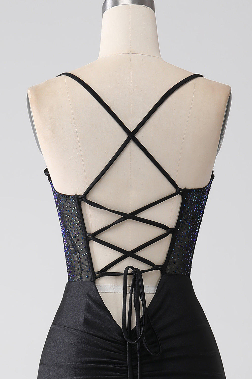Nero sirena Spalline sottili lungo Corsetto vestito da ballo con perline