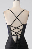 Nero sirena Spalline sottili lungo Corsetto vestito da ballo con perline