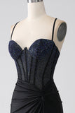 Nero sirena Spalline sottili lungo Corsetto vestito da ballo con perline