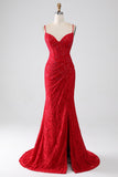 Sirena rossa Spalline sottili Perline pizzo Applicazioni vestito da ballo con fessura
