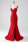 Sirena rossa Spalline sottili Perline pizzo Applicazioni vestito da ballo con fessura