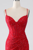 Sirena rossa Spalline sottili Perline pizzo Applicazioni vestito da ballo con fessura