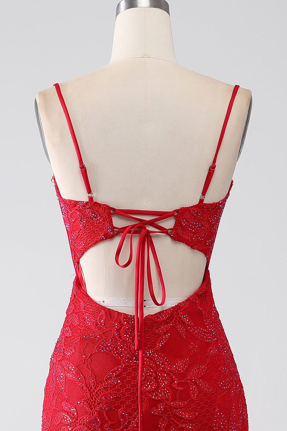 Sirena rossa Spalline sottili Perline pizzo Applicazioni vestito da ballo con fessura