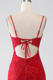 Sirena rossa Spalline sottili Perline pizzo Applicazioni vestito da ballo con fessura