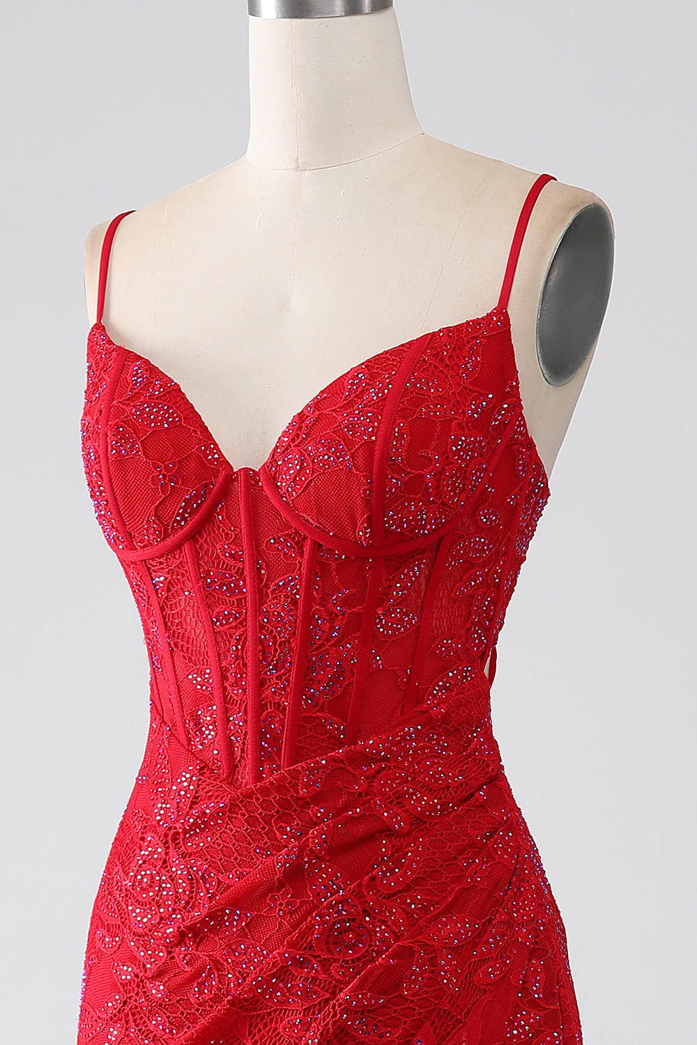 Sirena rossa Spalline sottili Perline pizzo Applicazioni vestito da ballo con fessura