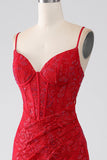 Sirena rossa Spalline sottili Perline pizzo Applicazioni vestito da ballo con fessura