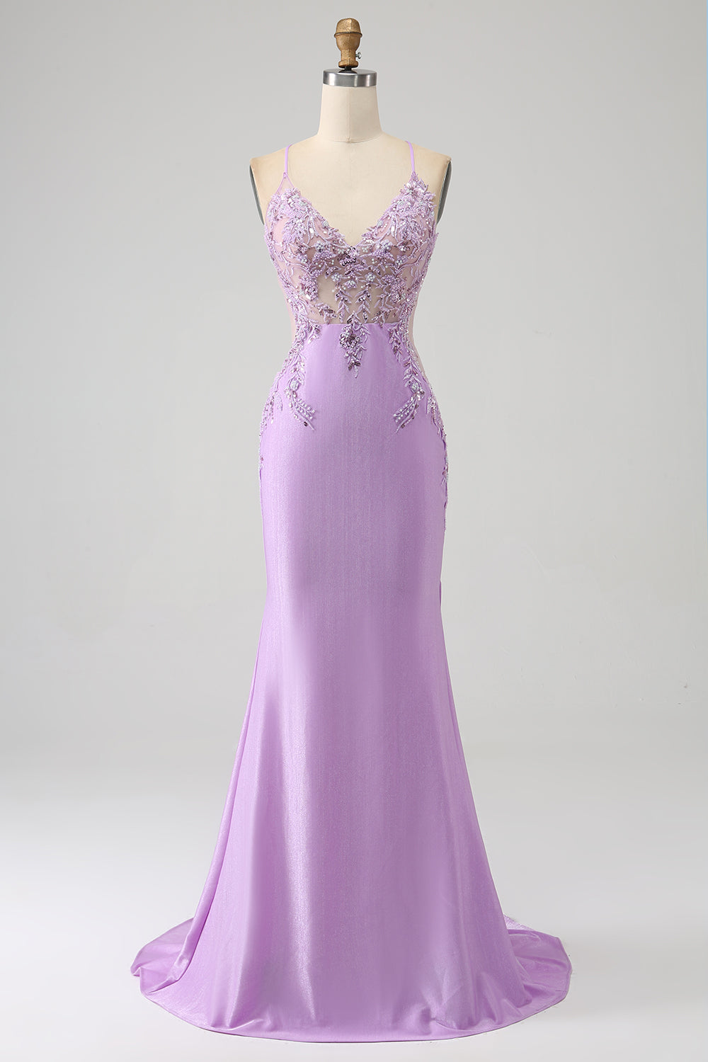 Trendy Sirena Spaghetti Straps Lilla Abito Lungo Prom con Appliques Perline