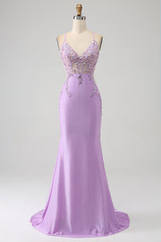 Trendy Sirena Spaghetti Straps Lilla Abito Lungo Prom con Appliques Perline