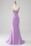 Trendy Sirena Spaghetti Straps Lilla Abito Lungo Prom con Appliques Perline
