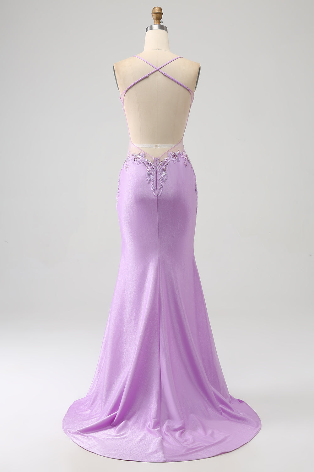 Trendy Sirena Spaghetti Straps Lilla Abito Lungo Prom con Appliques Perline