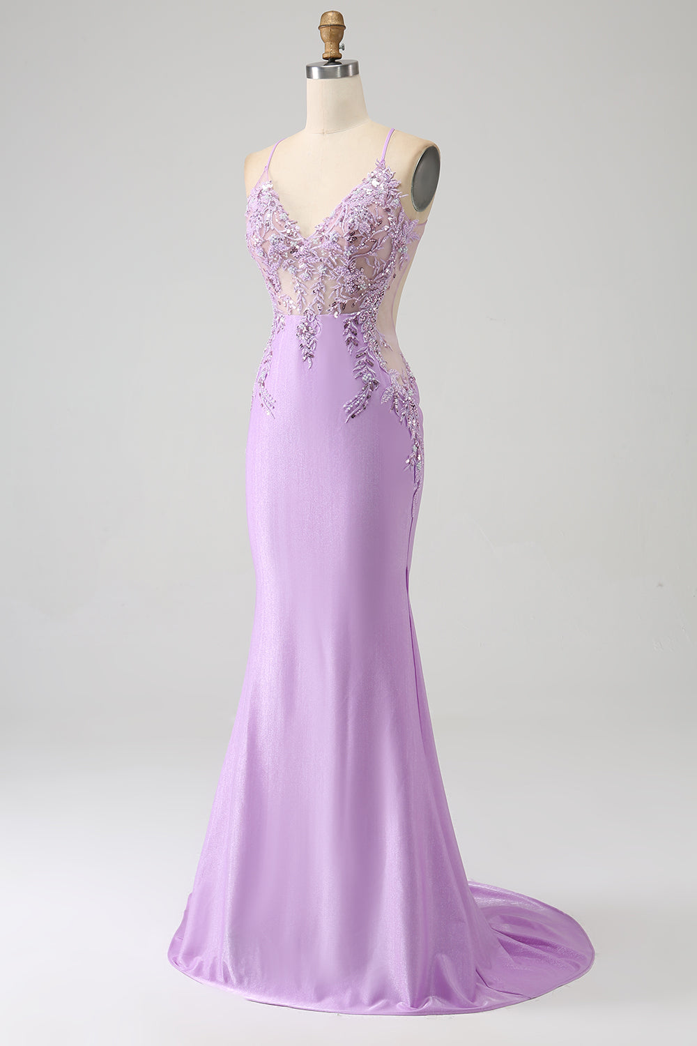 Trendy Sirena Spaghetti Straps Lilla Abito Lungo Prom con Appliques Perline