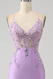 Trendy Sirena Spaghetti Straps Lilla Abito Lungo Prom con Appliques Perline