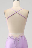 Trendy Sirena Spaghetti Straps Lilla Abito Lungo Prom con Appliques Perline