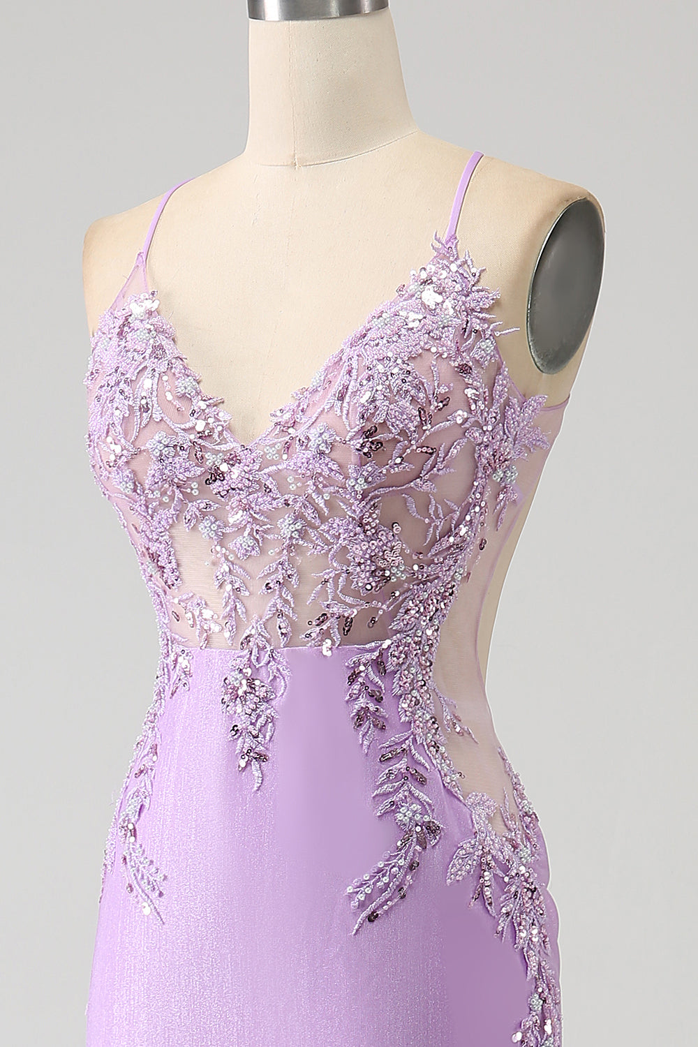 Trendy Sirena Spaghetti Straps Lilla Abito Lungo Prom con Appliques Perline