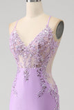 Trendy Sirena Spaghetti Straps Lilla Abito Lungo Prom con Appliques Perline