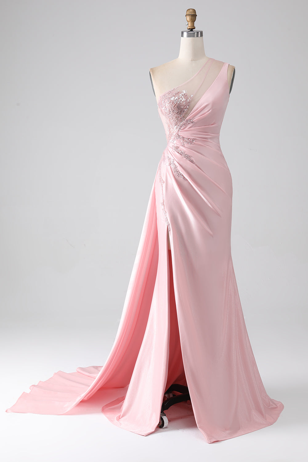 Rosa sirena una spalla paillettes appliques increspato abito da ballo con fessura