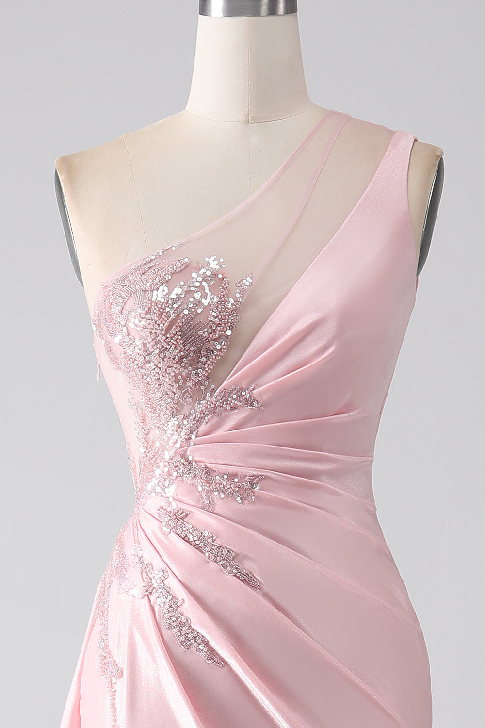Rosa sirena una spalla paillettes appliques increspato abito da ballo con fessura