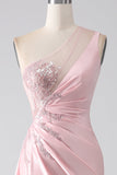 Rosa sirena una spalla paillettes appliques increspato abito da ballo con fessura
